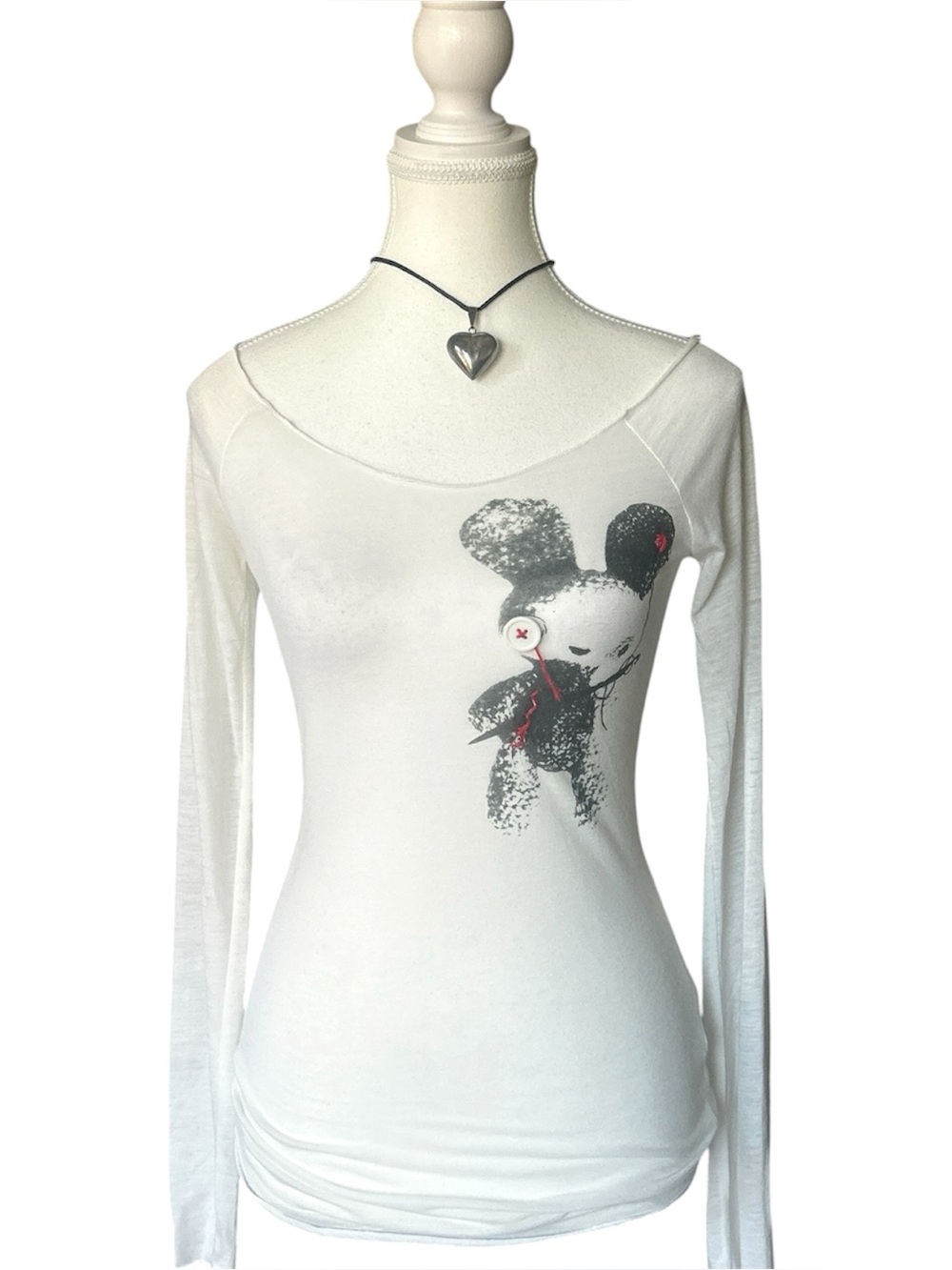 Y2K “Urban Behavior” White Sheer Rabbit Graphic Long Sleeve Top